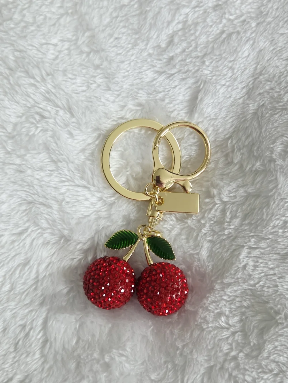 Red Cherry Rhinestone Keychain with Gold Hardware Bling Bag Charm